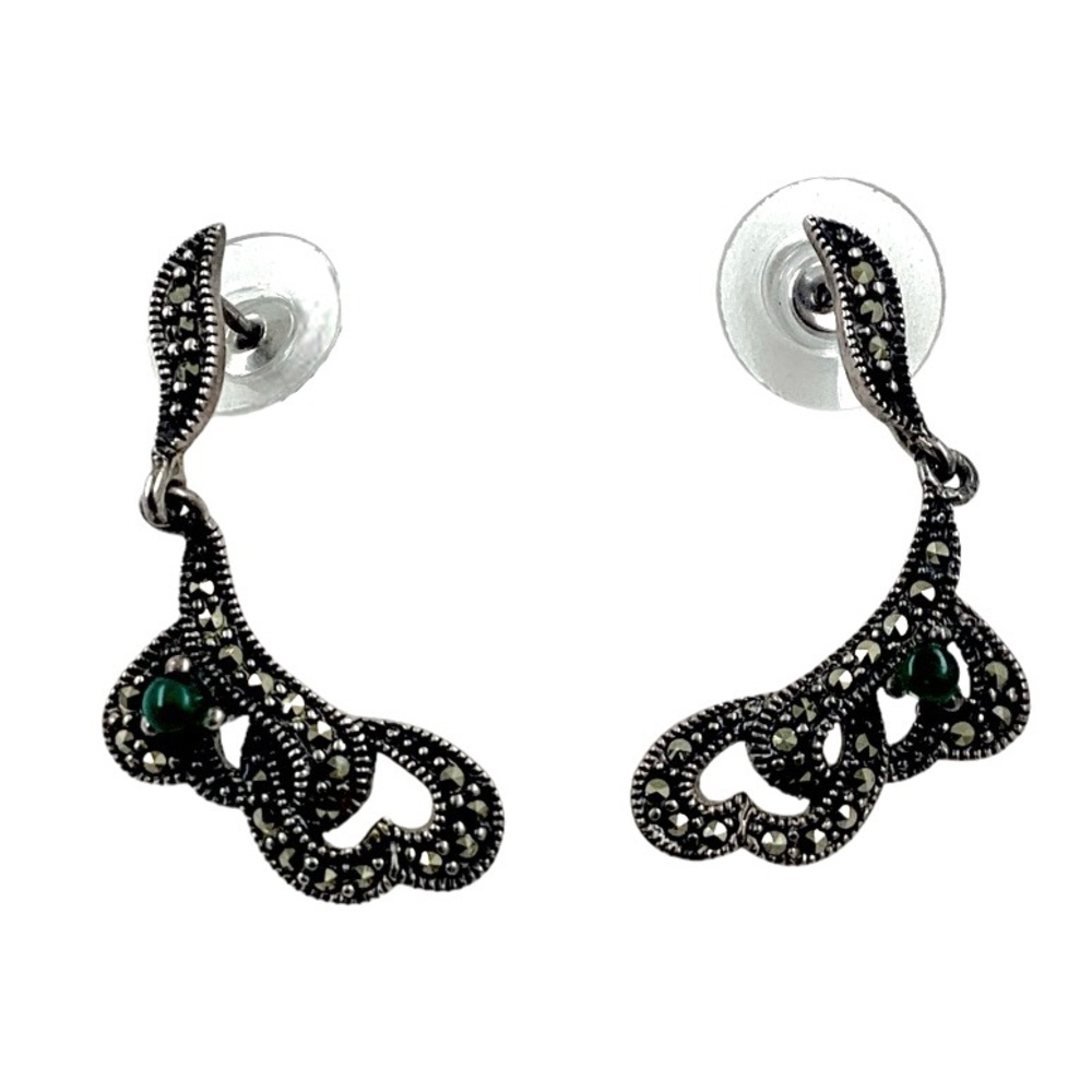 Fayed Interlocking Hearts Drop Earrings, 925 Sterling, Chrysoprase Marcasite